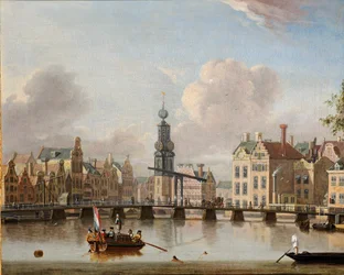 Näkymä Muntille, Amsterdam, hahmoja veneissä ja uintia kanavassa (öljy kankaalle)