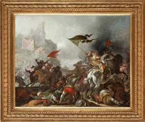 Taistelu turkkilaisten ja kristittyjen välillä ottomaanien armeijan valtauksen aikana Konstantinopolin vuonna 1453 - Jacob Matthias Weyerin (1620-1670) maalaus, öljy puulle (39x49 cm) - Turkin sota, Jacob Matthias Weyerin öljy puulle - Yksityiskokoelma