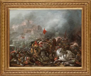 Taistelu turkkilaisten ja kristittyjen välillä ottomaanien armeijan valtauksen aikana Konstantinopolin vuonna 1453 - Jacob Matthias Weyerin (1620-1670) maalaus, öljy puulle (39x49 cm) - Turkin sota, Jacob Matthias Weyerin öljy puulle - Yksityiskokoelma