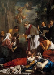 Saint Macaire Gentistä pelastamassa pestiferes Saint Macaire on 1000-luvun armenialainen munkki. Jacob II van Oostin (1637-1713) maalaus 1673 Su. 3,5x2,57 m