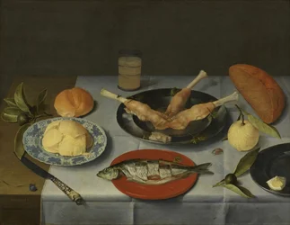 Aamiainen, jolla on leipää, juustoa, kalaa ja olutta, noin 1615