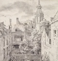 Näkymä St. Sebastian Guildin Jousimiesten talon sisäpihalle Singelissä Amsterdamissa (kynä ja pesu paperille)