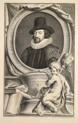 Muotokuva Francis Baconista, St Albansin varakreivi, kuvitus teoksesta Heads of Illustrious Persons of Great Britain, pub. kirjoittanut Knapton, Lontoo 1742