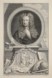 Isaac Newtonin muotokuva, kuvitus teoksesta "Heads of Illustrious Persons of Great Britain", julkaisija Knapton, Lontoo 1742.