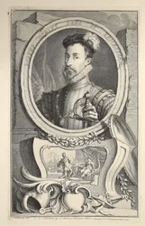 Muotokuva Robert Dudleysta, Earl of Leicester, kuvitus teoksesta Heads of Illustrious Persons of Great Britain, pub. kirjoittanut Knapton, Lontoo 1742