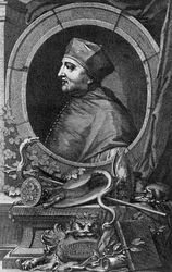 Thomas Wolseyn (1478-1530), englantilaisen kardinaalin ja valtiomiehen muotokuva, kaiverrus Jacobus Houbraken (1698-1780)