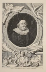 Armaghin arkkipiispa Usherin muotokuva, kuvitus teoksesta Heads of Illustrious Persons of Great Britain, pub. kirjoittanut Knapton, Lontoo 1742