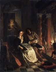 ""Le Rendez vous"" (Rendez-vous) Scene de seduction, une jeune fille courtisee par un gentilhomme qui lui declare son amour au coin du feu. Peinture de Jacob Joseph Eckhout (1793-1861) 1852 State Art Museum of Belorussian Republik, Minsk, Bielorussie