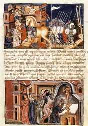 Troijan kaupungin piiritys ja hyökkäys, miniatyyri Guido delle Colonen (n. 1210–1287) "Historia Destructionis Troiaesta"