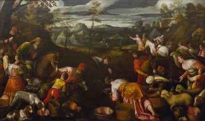 Mooses iskevä vesi kalliolta par Bassano, Jacopo, vanhempi (n. 1510-1592) (Jacopo da Ponte). Öljy kankaalle