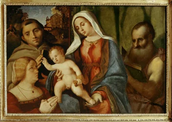 Sacra Conversazione: Madonna ja lapsi, Pyhä Antonius, Pyhä Hieronymus ja lahjoittaja ... (maalaus kankaalle)