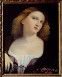 Naisen muotokuva Jacopo Palma il Vecchion (1480-1528) kankaalle transponoitu puumaalaus 1513 Dim. 0,48 x 0,38 m Lyon, Musee des Beaux Arts