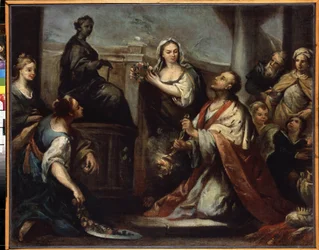 ""Kuningas Salomo johtaa epäjumalanpalvelusta"" (Kuningas Salomon epäjumalanpalvelus) Salomo hylkää itsensä naisten ja epäjumalien rakkaudessa. Jacopo Amigonin (1675-1752) maalaus noin 1739 Eremitaaši, Pietari