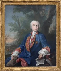 Sopraanokastraatti Carlo Broschi, lisänimeltään Farinelli (1705-1782). Laulajalla on Calatravan ritarikunnan mitali; hänen kädessään pitämässään nuottilehdessä näkyy joitakin tahteja Gaetano Latilian Zenobia-oopperasta.