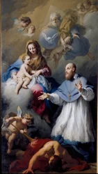 Neitsyt ja lapsi Saint Francois-de-Salesin kanssa (1567-1622), Geneven esitys Pyhän Kolminaisuuden Jeesuksen Kristuksen, Jumalan ja Pyhän Hengen kyyhkysen kanssa. Jacopo Amigonin (1675-1752) maalaus 1743 Venetsia, Santa Maria della Favan kirkko