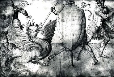 Soturit taistelevat lohikäärmettä vastaan, n. 1450 (muste vellum)