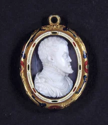 Espanjan kuninkaan Philip II:n (1527-1598) muotokuva. Mitali kalsedonia