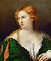 Nuori nainen vihreässä mekossa, laatikko kädessään, n. 1514