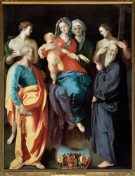 Neitsyt sai lapsen Pyhän Annan ja neljän pyhimyksen kanssa Pyhän Sebastianin, Pietarin, Benedict of Nursie ja Hyvä Varas (kutsutaan myös Saint Dismasiksi (tai Dysmas, Dimas, Dumas) Jacopon (Iacopo) maalaus Carrucci dit il Pontormo (Pontormo) (1494) -1556) 