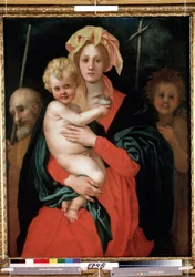 Neitsyt ja lapsi Pyhän Joosefin ja Johannes Kastajan kanssa (Madonna ja lapsi Pyhän Joosefin ja Johannes Kastajan kanssa). Kristus pitää lintua kädessään. Jacopon (Iacopo) maalaus Carrucci dit il Pontormo (Pontorme) (1494-1557), noin 1520. Taidekasvi