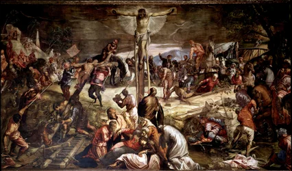 "" Ristiinnaulitseminen "" Tintoretto (Jacopo Robusti) maalaus (1518-1594) 1565 Koko 536x1224 cm Venetsia, Scuola di San Rocco