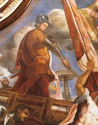 Venetsialaiset taistelevat aragonialaisia vastaan Gallipolissa, kirjoittanut Jacopo Robusti, joka tunnetaan nimellä Tintoretto (1518-1594), Detail, Sala del Maggior Consiglio (Suurneuvoston sali), Palazzo Ducale, Venetsia