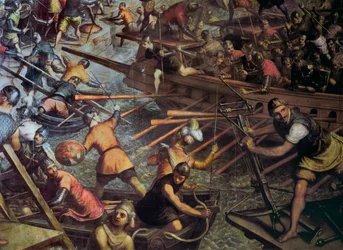 Konstantinopolin valloitus vuonna 1204 (4. ristiretken episodi (yksityiskohta) Jacopo Robustin (Tintoretto) maalaus (1518-1594).