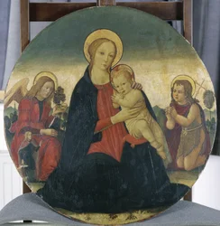 Madonna ja lapsi arkkienkeli Rafaelin ja Pyhän Johanneksen kanssa, n. 1490 (tempera poppelipuulla)