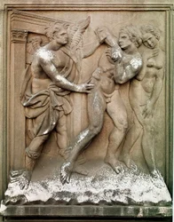 Adam ja Eeva metsästävät maallisen paratiisin Matala kohokuvioitu marmori, kirjoittanut Jacopo Della Quercia (1374 / 8-1438) 1430-1435 Koko 86x68 cm Bolognan San Petronion kirkko