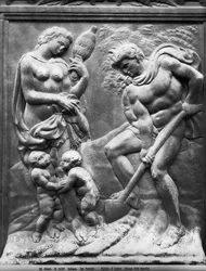 Adam ja Eeva pakotettiin töihin, paneeli Porta Magnasta, n. 1430 (marmori)