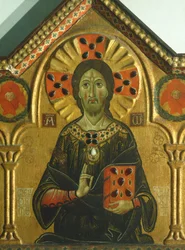 Lunastaja, yksityiskohta Lunastaja Madonnan ja kolmen pyhän kanssa, Meliore Toscano tai Meliore di Jacopo (noin 1255-1285), tempera ja kulta paneelissa, 85x210 cm