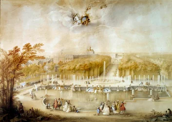 Perspektiivinäkymä puutarhaan ja parterres du Nordin sekä Versaillesin linnaan Neptunuksen altaalta Jacques Andre Porten (1695-1759) guassimaalaus su. 0,51x0,72 m Versailles, linnan miusee