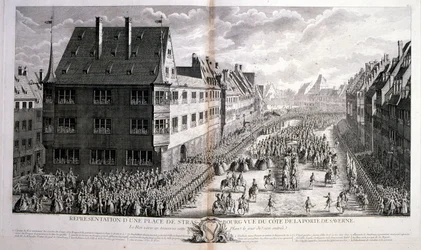 1700-luvun kuvitus Ranskan kuningas Ludvig XV:stä, hallitsi 1715-1774, joka kulkee Rue de Strasbourgilla Pariisissa.