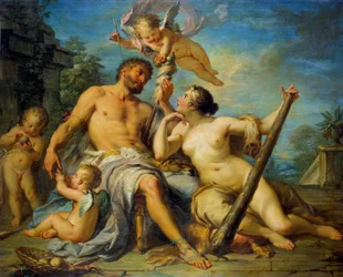 Herkules ja Omfale. Herkules (Herakles) on rakastunut Omfaleen, jonka orja hän on. 1728. Mitat: 1,33 x 1,67 m. Tours, taidemuseo