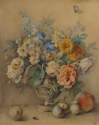 Kukat hopeapyörässä, hedelmät etualalla, 1700-luku.