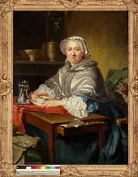 Madame Brion istumassa teetä nauttimassa