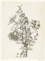 Kukkakimppu vuokoista, hyasintista ja delphiniumista Diverses Fleurs mises en Boucquets (sarjan nimi)