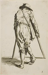 Kerjäläinen kainalosauvoilla ja hattu päässään, takaapäin katsottuna, levy viisi teoksesta The Beggars (Kerjäläiset).
