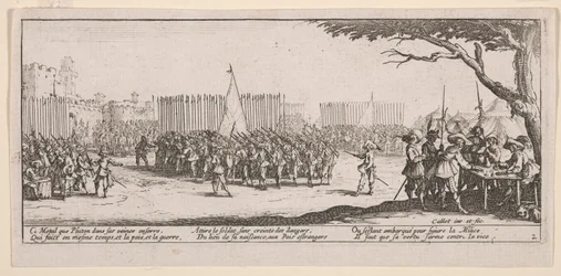 Joukkojen ilmoittautuminen, kuvitus teoksesta The Large Miseries of War