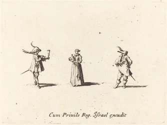 Nainen viinipullon kanssa ja kaksi herraa, luultavasti 1634.