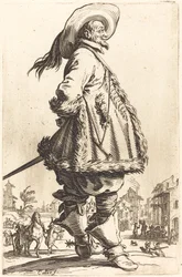 Jalo mies, jolla on turkista leikattu vaippa, pitelee käsiään selkänsä takana, n. 16201623.
