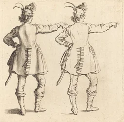 Upseeri, jolla on höyhenet lippassa, takaa katsottuna