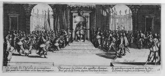 Awarding of Honours, levy 18 teoksesta "The Miseries and Fortunes of War", kaiverrettu Israel Henriet (n.1590-1661) 1633
