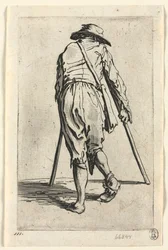 Kerjäläiset: Kerjäläinen kainalosauvoilla, hattu päällään, c. 1623.