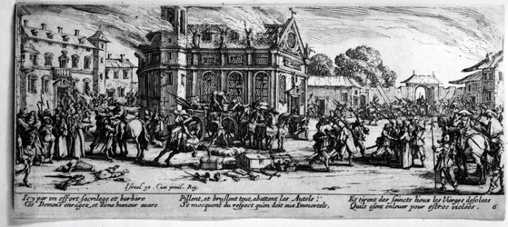 Luostarin tuho, levy 6 teoksesta "The Miseries and Fortunes of War", kaiverrettu Israel Henriet (n.1590-1661) 1633