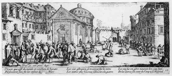 Sairaala, levy 15 Sodan kurjuudesta ja vastoinkäymisistä, kaiverrus Israel Henriet (n. 1590-1661) 1633