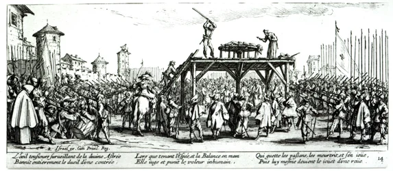 Pyörä, levy 14 teoksesta "The Miseries and Fortunes of War", kaiverrus Israel Henriet (n. 1590-1661) 1633