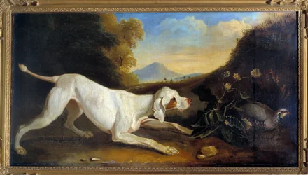 Koira Braque fasaanin edessä Jacques Charles Oudryn (1720-1778) maalaus 1700-luvun Pariisi, Koristetaiteet