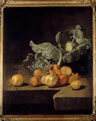 Asetelma, kaali ja sipuli Jacques Charles Oudryn maalaus (1720-1778)