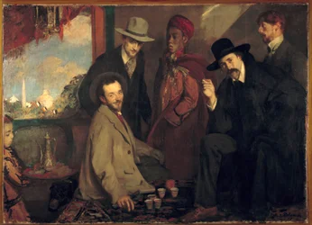 André Gide ja hänen ystävänsä vuoden 1900 maailmannäyttelyn Café Mauressa (Eugène Rouart; Charles Chanvin; Athman Ben Salah; Henri Ghéon). Jacques-Émile Blanchen (1861-1942) maalaus, 1900. Mitat: 1,56x2,2 m. Rouen, Musée des Beaux-Arts
